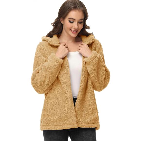 MagcoMsen Fleece Jacket Full Zip Tan Hooded Sherpa Fuzzy Sz S Women's - Picture 5 of 14